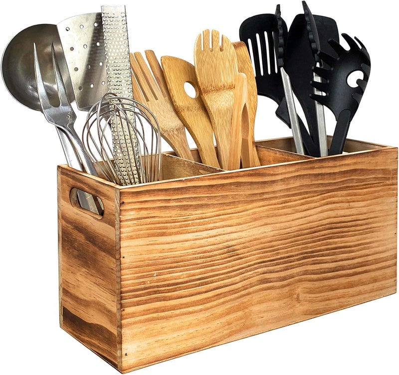 CB Accessories Wood Utensil Holder Organizer for Counter - Large Wooden Utensil Caddy for Countertop - 3 Compartment Cooking Tool Storage for Spatula - Farmhouse Kitchen Decor and Accessories - Image 1